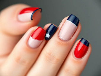 almond nails, thumb, pointer, pinky all plain red, middle finger, navy with white star, ring finger, navy French tip