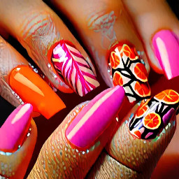 ongles longs en amandes, couleurs orange et rose pop, élégants mais girly