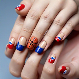 Almond nude nails with french tip basketball and red and blue solids bows and polka dots