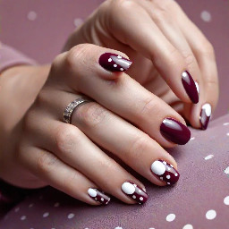 Burgundy short oval nails with white polka dots and a white french tips on the ring finger