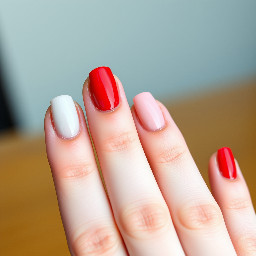 Red pointer finer nail, pinky nail and thumb nail. Light pink middle finger nail and ring finger nail. Red sideways tip on middle finger nail and finger finger nail