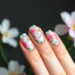 Pink and green spring-inspired floral nails