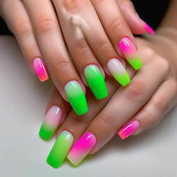 coffin shape medium length bright green polygel nails with a neon pink and green ombre accent nail on ring finger only