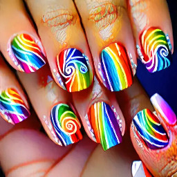 Make rainbow swirly nails with flowers and make them whimsical