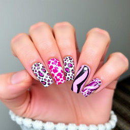 on the left hand medium size, 90's type of square french magenta nails with white leopard and zebra print. On the right hand the same design but oval shape and short. Possibly also rhinestones on the ring finger.