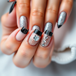 Elegant nude and mainly black also solver nails, diamonds, ailver glitter, black french tips, creativity.