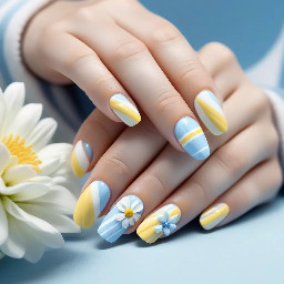 Pastel blue stripes white base then on middle finger light blue flower with light yellow middle make it all pastel please