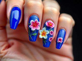 A deep royal blue and baby blue nails with 3d flowers and exotic nail art