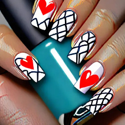 Create a nail art similar with big outlined hearts. Each finger should have a heart of a different colour, and outline should also be contrasting in colour with the heart.