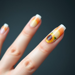 small raspberry on the middle finger, sunflower on the ring finger. light and breezy colours as the base and a couple french tips