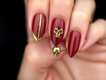 alomnd shaped nails,  🏴‍☠️ The Sleek Pirate Blueprint (Updated)  • Thumb: The Clean Quartz 	• Base: Smooth, full-cover milky white. 	• Design: A very fine, elegant 3D molten gold line tracing tightly around the cuticle and sides, exactly like the delicate framing in your first inspo picture. No center clutter. • Pointer: The Ultimate Gilded French 	• Base: A classic, natural pinky nude base tone. 	• Design: A clean burgundy red French tip with a single crisp white vertical line cutting straight down the center from cuticle to tip. 	• The Bands: Right along the smile line where the red meets the nude, build a raised, textured 3D gold band running horizontally across. Directly underneath that gold band, lay down a tight row of tiny gold micro-beads to create a tiered, regal effect. • Middle: The Captain's Crypt 	• Base: Deep, moody burgundy red. 	• Design: Your statement accent nail! Feature a 3D gold skull charm sitting centrally over the red base, exactly like the second inspo picture. • Ring: The Simple French 	• Base: A classic, natural pinky nude base tone. 	• Design: Keep it grounded and elegant. A simple, clean burgundy red French tip with a neat row of the small gold beads lining the bottom edge of the French tip. No extra lines or heavy 3D bands here to give the hand a "simple" breathing space. • Pinky: The Pearl Strand 	• Base: Deep, moody burgundy red. 	• Design: Accentuate the deep red base by placing a neat row of dainty micro-pearls aligned right along the cuticle curve or running vertically down the center.