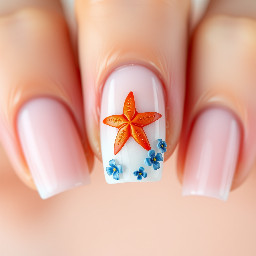 short white square nails with small blue hibiscus flowers in the corner and an orange star fish