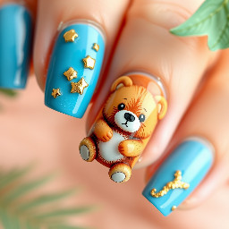 blue, brown, gold accents, teddy bear, beachy, 3D art
