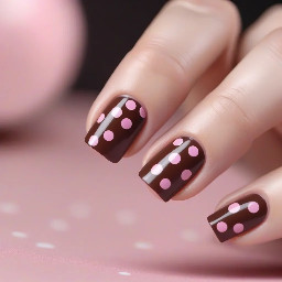 Generate a square French tip with a dark chestnut Brown with baby pink polka dots.