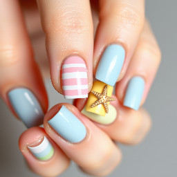 So I want it 2 pastel colours (baby blue, butter yellow, baby pink etc) and like beach themed? No French tips, natural length and I was thinking like stripes, dots, a little starfish moment just lwk simple