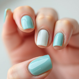 light teal nails with a white 1 on the ring finger nail