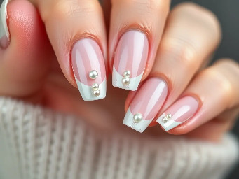 Elegant French tips with small pearl designs sharp nails