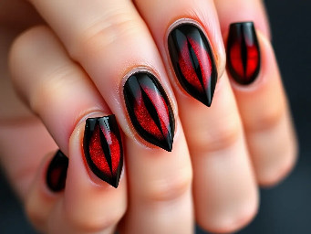Black chrome tip with blood red cat eye nails