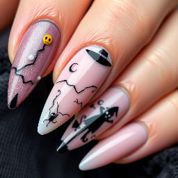Create a spooky Halloween set that is witch themed on stiletto nails but very trendy