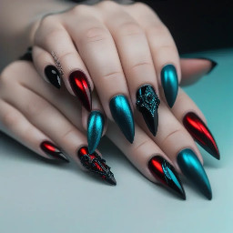 Red, teal, black. Gothic. Chrome