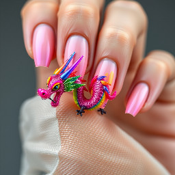 Stiletto Nail with design of pastel rainbow Chinese dragon with rainbow spikes