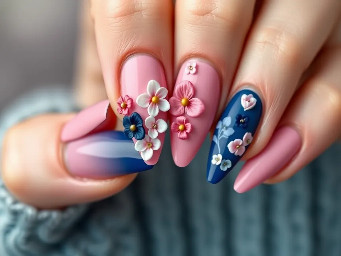 Pink and navy blue almond nails set with 3-D flowers, 3-D designs
