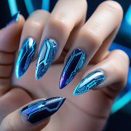 Close-up of almond nails, hyper-realistic. Cyberpunk, holographic tech, futuristic, translucent layers, digital motifs. Shades of blue (holographic blue, electric cyan, deep navy, icy white.