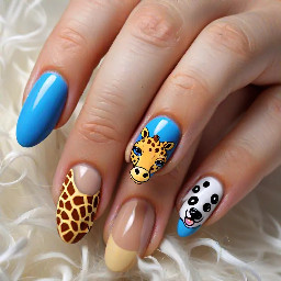 stiletto nails, I want one nail to have a blonde blue eyed woman (the middle finger), one nail to have a giraffe hipper (ring finger) I also want the pointer/index finger to have a golden labradoodle dog hipper and the thumb to have an island.