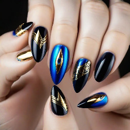 long stiletto nails with blue cat eye, gold chrome, and black designs