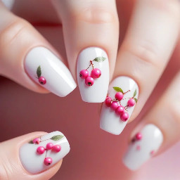 White coquette nails with small pink berries