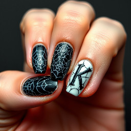 witchy nails, black and white, spider webs, letter k on one finger