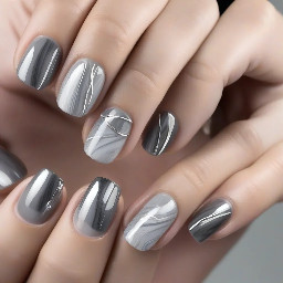 Hi! I want a customized, high-end "cool-toned gray and metallic silver" nail art set with a mix-and-match layout. Please follow these specific instructions:  1. Base Color & Texture:  Please use a sheer, translucent taupe gray / jelly gray for the base. I want it to be see-through and airy (please mix it with clear gel base if needed). No solid, opaque grays.  2. Cat-Eye Technique (Thumbs & Middle Fingers):  Apply a bright silver crystal/velvet cat-eye gel over the sheer gray base.  Use the magnet to pull the shimmer into a sharp, clean diagonal velvet line across the nail. I want it to look like a crisp beam of light.  3. Liquid Metal & Hidden Logo (Index Fingers):  Keep the base clear or very sheer. Use a 3D building gel to draw raised, organic, melting liquid-metal lines, then rub silver chrome powder over them so they look like melted mercury.  Crucial Detail: Please make the metal lines on one finger subtly form a very abstract, deconstructed BTS door logo (two parallel geometric lines). It should look like random modern art, not an obvious logo.  4. Silk Marble & Hidden Code (Ring Fingers):  Do a very soft, blurry smudge/smoky marble effect blending milky white and sheer gray to look like floating silk or mist.  Crucial Detail: Inside the marble veins, use a micro-detail liner brush with metallic silver paint to hide a tiny, abstract number "7". Make it look like part of the marble pattern so it is hidden.  5. Finish (Pinkies & Top Coat):  On the pinkies, just do the sheer gray base with a super thin, micro-French tip using silver chrome.  Please finish all nails with a high-gloss, ultra-shiny top coat to make the silver elements and cat-eye pop.