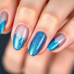 Make a nude color nail base with an almond shape and have random squiggly lines in  a electric sparkly blue