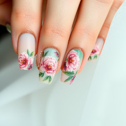 "Nail art aquarelle, motifs de peonies, palette rose/vert sauge, finition glossy, pour un événement printanier, 5 ongles + 1 accent nail