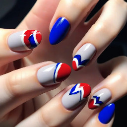 medium almond nails - one hand’s a royal blue and the other’s bright red - one color nails for the thumb, middle and ring finger and then for the index I wanted a french tip eith the other hand’s nail so if it’s the blue hand I wanted a red french tip and for the pinkie I wanted a nude base with a little heart the color of the other hand’s too