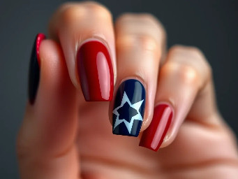 Dark red nails with navy blue ring finger with white star outline