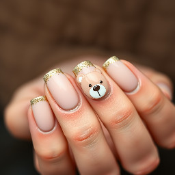 Light beige nails. Gold glitter on the tips. A teddy bear face on the ring finger