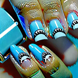 Short round nails with light blue french tips and shimmery nails. The ring finger is a cute, cartoon shark which its teeth as the bottom of the same light blue french as the other nails.