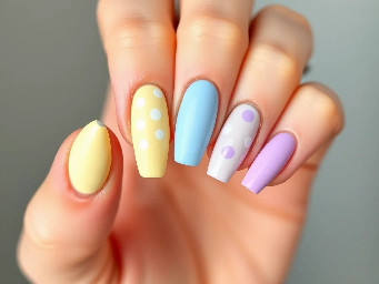 Almond shaped nails all with French tips and polka dots. All of the bases of the nail will be a light skin tone. The index finger has light pink polka dots and a pastel yellow French tip. The middle finger has a light blue French tip and pastel yellow polka dots. The ring finger has a light lavender purple polka dot on a light yellow French tip. The pinky finger is lavender purple French tip and light pink polka dots. No thumb color just natural