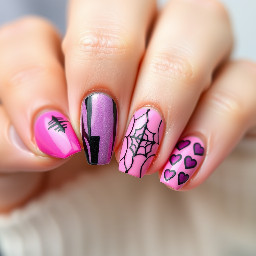 cute pink, black, and purple summmerween nails with stitches on one nail, a gradient nail, a nail drip with pink base and black drip, pink base with a black spiderweb and one with hearts