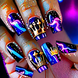 THUMB (Galaxy Crown)    🌌 Purple/Blue/Black blend    👑 Gold crown + rhinestones  INDEX (Blue Flame)    🔵 Electric blue chrome    🔥 Neon flame tips  MIDDLE (Magic Smoke)    🟣 Deep purple base    💨 Pink/purple smoke swirls + foil  RING (Edgy Panels)    ⚫ Black base    🔺 Red + purple color blocking    ✨ Gold striping + 🍎 detail  PINKY (Glitter Fade)    ⚫→🟣 Black to purple glitter ombré    ✨ Tiny sparkles/stars