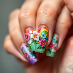 Make rainbow swirly nails with flowers and make them whimsical