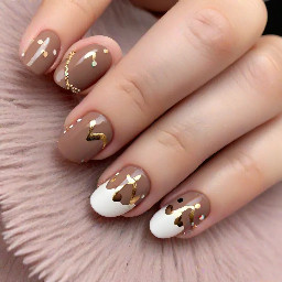 Create ONE complete press-on nail set of 10 individual nails, displayed separately in two neat rows of five on a soft blush pink background, like a Pinterest nail artist inspiration photo.  The set is a glossy short-to-medium almond shape. The base is sheer pink/neutral. Use a mix of chocolate brown and white French tips, tiny brown and white polka dots, and a few subtle gold accents. Include one or two nails with a delicate brown outline French, one with a small brown heart, and one with a simple brown-and-white dot pattern.  The overall look is preppy, feminine, clean, and elevated, like a cute teenage girl’s Pinterest manicure. Keep the designs coordinated but not identical. No flowers on every nail. No butterflies, rainbows, smiley faces, cartoon characters, bright green, or childish graphics. No hands, no fingers, no text, no watermark. Make the nails look like real press-on tips that an intermediate nail tech could recreate.