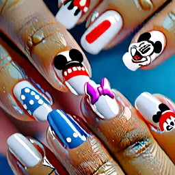 White French tip with Disney balloons on ring finger and Micky heads on middle finger