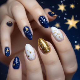 Short almond nails with the colors navy blue, gold, and white. French tip design, glitter on one of the fingers, constellations, stars, and moons.