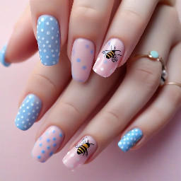 So I want my pinky finger on the left hand to be plain baby pink then I want the next finger to be a frilly French tip like the blue one above then I want the middle finger to be plain light purple then the index finger to be polka dotted with see through kinda skin tone base and pink polka dots and the thumb to be plain light blue. Then on on the right hand I want the thumb to be plain light purple then the index finger a light pink base with a honeybee like the one above with the flowers then I want the middle finger plain light blue and then I want the next finger I think it’s called ring finger I want that with a skin colour see through kinda base and blue polka dots then the pinky can be plain light pink