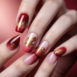 very light pink base gradient to deep red, with golden flakes on the tips