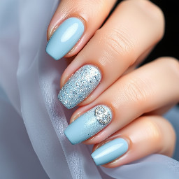 I am wearing a silk light blue dress with sparkles and accessorizing with sparkly silver heels and a sparkly silver handbag for my dance. I want my nails to match my fut