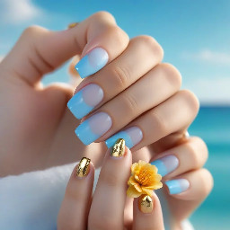 Light blue French tips like the sea with a gold lone before the French tips and a summer flower on the ring finger nail