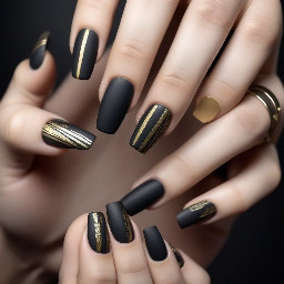 Coffin shaped Matte black nails with gold and silver lines